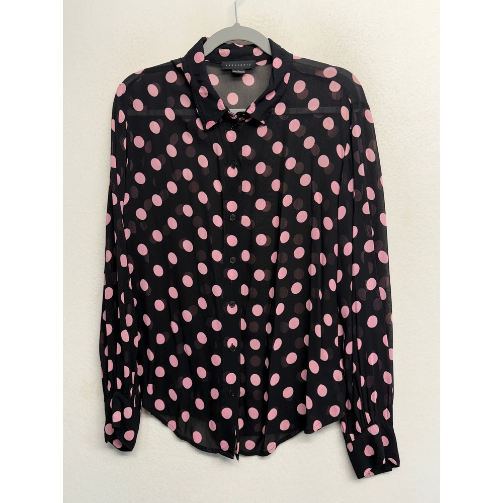 Sanctuary Pink Polka Dot Black Sheer Button Down Blouse L Collared Long Sleeve
